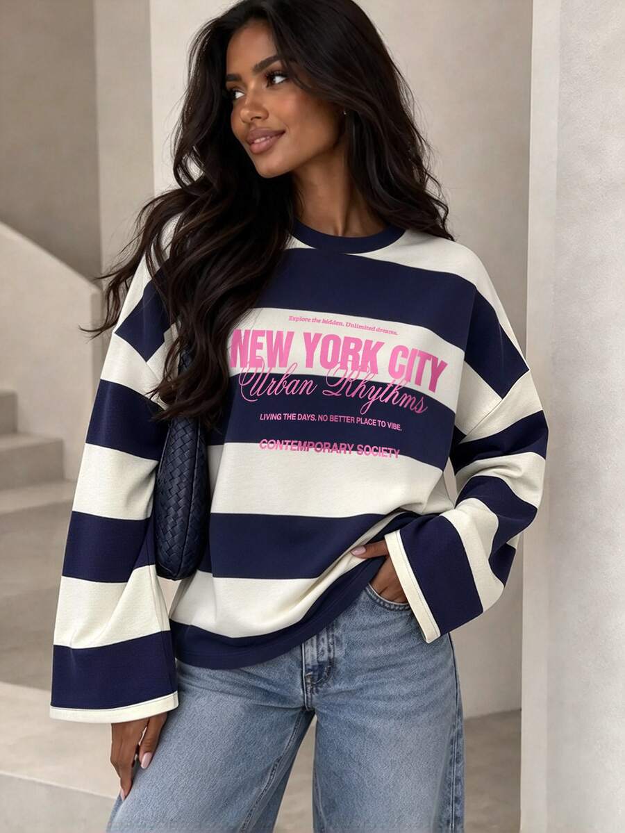SuriyaCove Women's Autumn/Winter Basic Striped Colorblock Patchwork ...