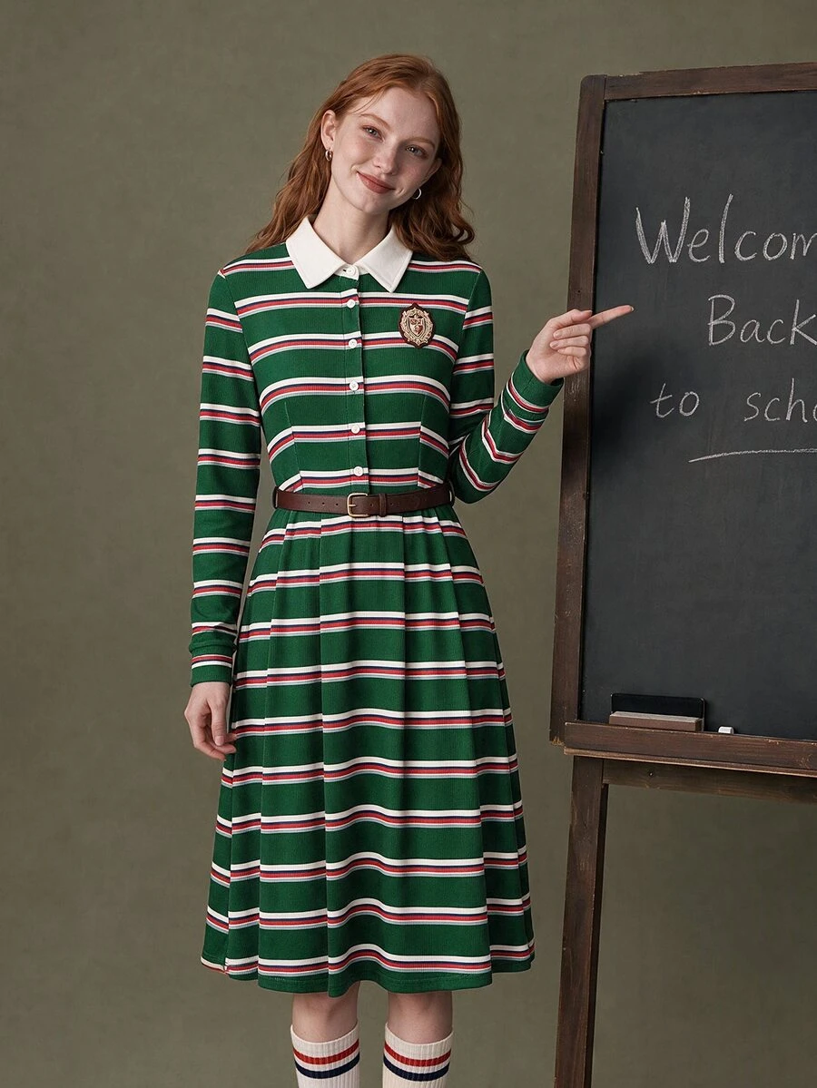Elnivra Fashionable Women's Green Striped Knit Dress - Green - View 1