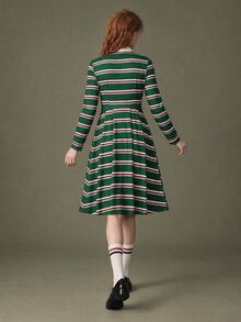 Elnivra Fashionable Women's Green Striped Knit Dress - Green - View 2