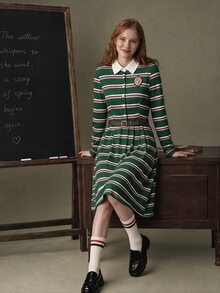 Elnivra Fashionable Women's Green Striped Knit Dress - Green - View 4