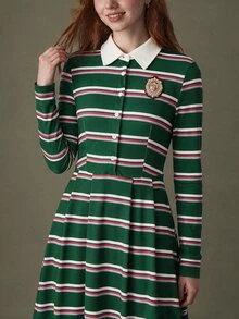 Elnivra Fashionable Women's Green Striped Knit Dress - Green - View 7