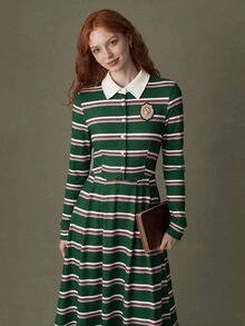 Elnivra Fashionable Women's Green Striped Knit Dress - Green - View 6