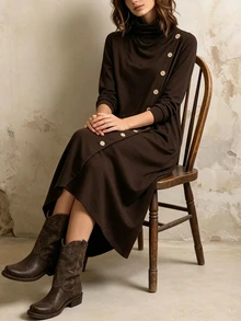 SHEIN Women's Casual Ruched Neck Long Sleeve Dress, Asymmetric Diagonal Wooden Button Decor, Hem Slit, Soft Comfortable Casual Dress Autumn/Winter Dress - Brown - View 5
