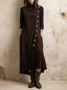SHEIN Women's Casual Ruched Neck Long Sleeve Dress, Asymmetric Diagonal Wooden Button Decor, Hem Slit, Soft Comfortable Casual Dress Autumn/Winter Dress - Brown - View 4