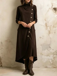 SHEIN Women's Casual Ruched Neck Long Sleeve Dress, Asymmetric Diagonal Wooden Button Decor, Hem Slit, Soft Comfortable Casual Dress Autumn/Winter Dress - Brown - View 3