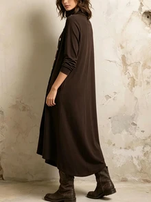 SHEIN Women's Casual Ruched Neck Long Sleeve Dress, Asymmetric Diagonal Wooden Button Decor, Hem Slit, Soft Comfortable Casual Dress Autumn/Winter Dress - Brown - View 2