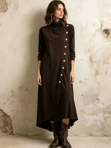 SHEIN Women's Casual Ruched Neck Long Sleeve Dress, Asymmetric Diagonal Wooden Button Decor, Hem Slit, Soft Comfortable Casual Dress Autumn/Winter Dress - Brown - View 1