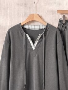 Rusticease Women's V-Neck Colorblock Patchwork Long Sleeve Sweatshirt Pants Fashion Casual 2 Pieces Set Lounge Grey Dark Grey Everyday Homewear Fall - Grey - View 4