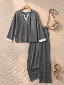 Rusticease Women's V-Neck Colorblock Patchwork Long Sleeve Sweatshirt Pants Fashion Casual 2 Pieces Set Lounge Grey Dark Grey Everyday Homewear Fall - Grey - View 1