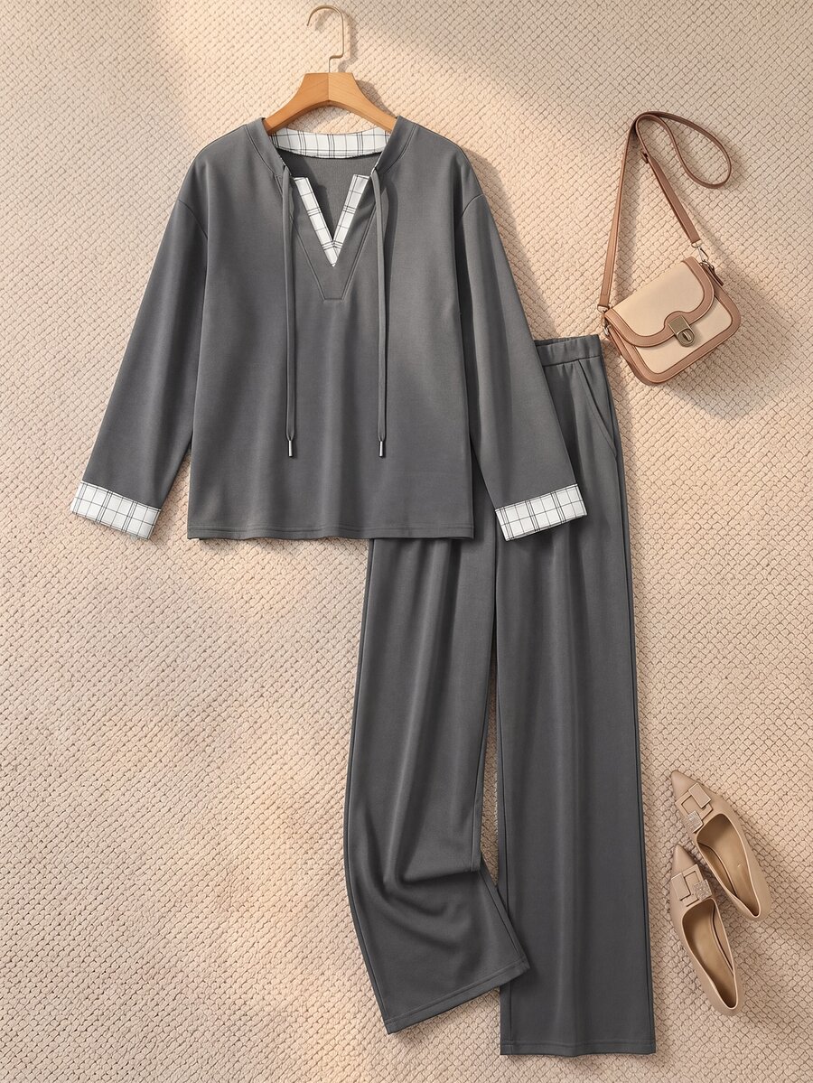 Rusticease Women's V-Neck Colorblock Patchwork Long Sleeve Sweatshirt Pants Fashion Casual 2 Pieces Set Lounge Grey Dark Grey Everyday Homewear Fall - Grey - View 1