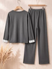 Rusticease Women's V-Neck Colorblock Patchwork Long Sleeve Sweatshirt Pants Fashion Casual 2 Pieces Set Lounge Grey Dark Grey Everyday Homewear Fall - Grey - View 2
