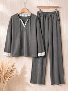 Rusticease Women's V-Neck Colorblock Patchwork Long Sleeve Sweatshirt Pants Fashion Casual 2 Pieces Set Lounge Grey Dark Grey Everyday Homewear Fall - Grey - View 3