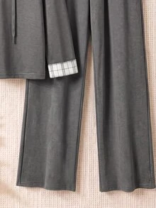 Rusticease Women's V-Neck Colorblock Patchwork Long Sleeve Sweatshirt Pants Fashion Casual 2 Pieces Set Lounge Grey Dark Grey Everyday Homewear Fall - Grey - View 5