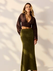 Aralina Falda Maxi de Punto Esponjoso de Cintura Alta Elegante para Mujer Perfecta para una Fiesta o Evento de Salida - Verde Oscuro - Ver 5
