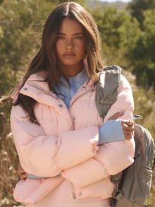 Aralina Active Women's Oversized Casual Funnel Neck Hooded Zip Through Quilted Jacket With Elastic Adjustable Toggles At Hem Puffer Jacket Light Pink Winter - Pink - View 6