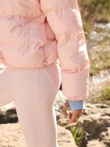 Aralina Active Women's Oversized Casual Funnel Neck Hooded Zip Through Quilted Jacket With Elastic Adjustable Toggles At Hem Puffer Jacket Light Pink Winter - Pink - View 8