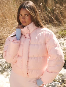 Aralina Active Women's Oversized Casual Funnel Neck Hooded Zip Through Quilted Jacket With Elastic Adjustable Toggles At Hem Puffer Jacket Light Pink Winter - Pink - View 10