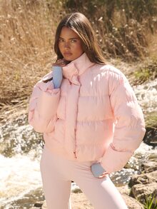 Aralina Active Women's Oversized Casual Funnel Neck Hooded Zip Through Quilted Jacket With Elastic Adjustable Toggles At Hem Puffer Jacket Light Pink Winter - Pink - View 7