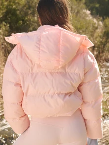 Aralina Active Women's Oversized Casual Funnel Neck Hooded Zip Through Quilted Jacket With Elastic Adjustable Toggles At Hem Puffer Jacket Light Pink Winter - Pink - View 3