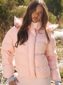 Aralina Active Women's Oversized Casual Funnel Neck Hooded Zip Through Quilted Jacket With Elastic Adjustable Toggles At Hem Puffer Jacket Light Pink Winter - Pink - View 4