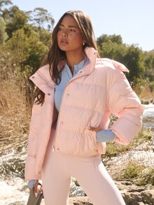 Aralina Active Women's Oversized Casual Funnel Neck Hooded Zip Through Quilted Jacket With Elastic Adjustable Toggles At Hem Puffer Jacket Light Pink Winter - Pink - View 15