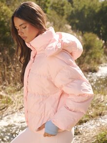 Aralina Active Women's Oversized Casual Funnel Neck Hooded Zip Through Quilted Jacket With Elastic Adjustable Toggles At Hem Puffer Jacket Light Pink Winter - Pink - View 9