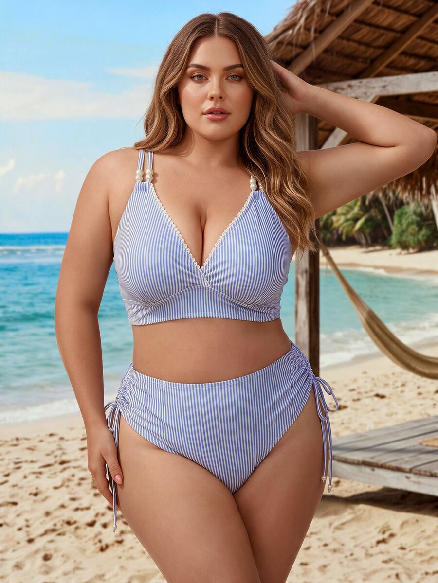Swim Lushoire Plus Size Vacation Beaded Baby Blue Tank Top And Triangle Bikini Bottom Swimsuit Set Beach Party Summer Elegant Modest Plus Size - Blue and White - View 1
