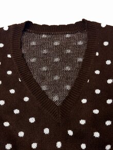 Linhara CURVE 1pc Women's Plus Size V-Neck Fitted Polka Dot Long Sleeve Elegant Vintage Knit Sweater Dress, Suitable For Daily Commute And Date, Spring And Autumn - Coffee Brown - View 7