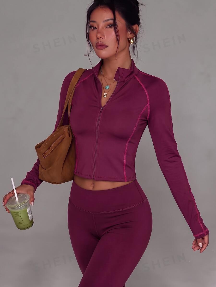 StreetHx 1pc Women's Burgundy Long Sleeve Zip-Up Rose Red Contrast Stitching Sports Jacket - Multicolor - View 1