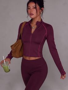 StreetHx 1pc Women's Burgundy Long Sleeve Zip-Up Rose Red Contrast Stitching Sports Jacket - Multicolor - View 3