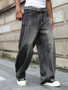 RivetRise Men's Denim Curved Leg Wide Leg Long Pants - Dark Grey - View 5