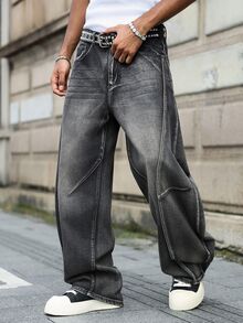 RivetRise Men's Denim Curved Leg Wide Leg Long Pants - Dark Grey - View 6