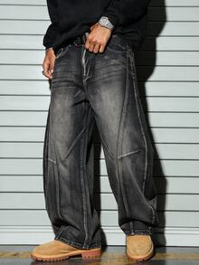 RivetRise Men's Denim Curved Leg Wide Leg Long Pants - Dark Grey - View 1