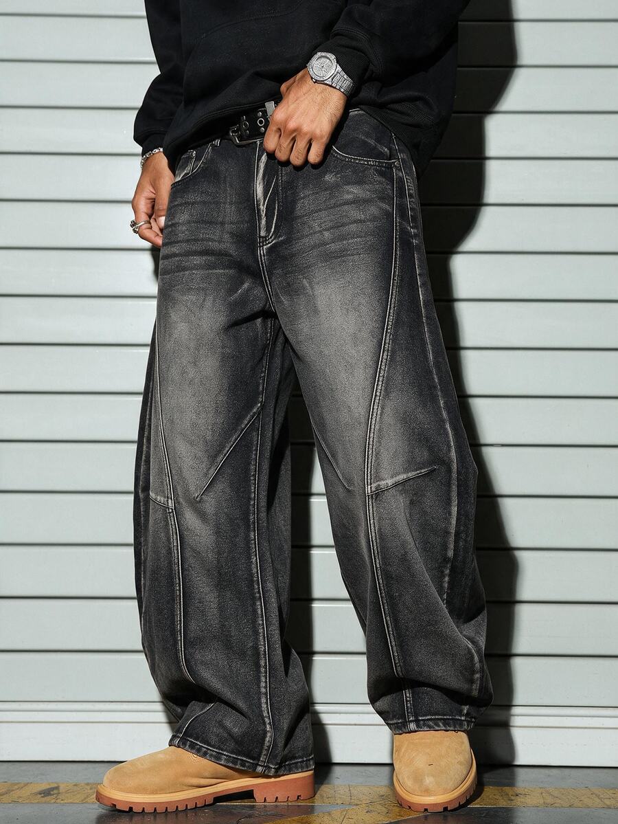 RivetRise Men's Denim Curved Leg Wide Leg Long Pants - Dark Grey - View 1