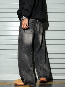 RivetRise Men's Denim Curved Leg Wide Leg Long Pants - Dark Grey - View 2