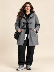 Elenzga Jaket Mantel Wanita Ukuran Besar Musim Dingin Model Baru Kasual untuk Perjalanan ke Kampus, Dekorasi Kancing Tanduk, Renda Hitam Kontras Warna, Berkerudung - Grey - View 5