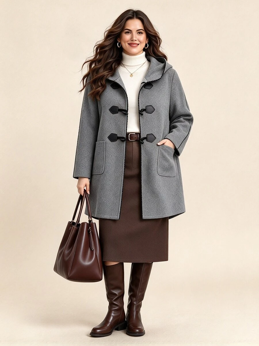Elenzga Jaket Mantel Wanita Ukuran Besar Musim Dingin Model Baru Kasual untuk Perjalanan ke Kampus, Dekorasi Kancing Tanduk, Renda Hitam Kontras Warna, Berkerudung - Grey - View 1