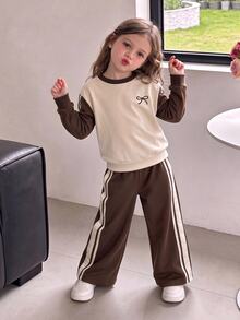 Elladie kids 2件組棕色蝴蝶結運動衫褲套裝，適合4-7歲小女孩，休閒運動套裝，秋季女童長袖慢跑套裝，7歲生日禮物 - 棕色 - 查看 1