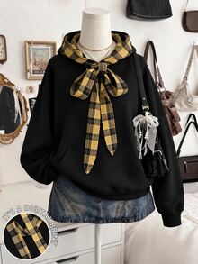 Lalippa Sweatshirt Pullover Wanita Motif Kotak-kotak Vintage dengan Pita dan Tali Serut, Model Bahu Jatuh Longgar - Hitam - View 4