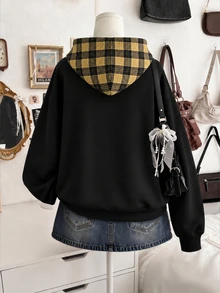 Lalippa Sweatshirt Pullover Wanita Motif Kotak-kotak Vintage dengan Pita dan Tali Serut, Model Bahu Jatuh Longgar - Hitam - View 2