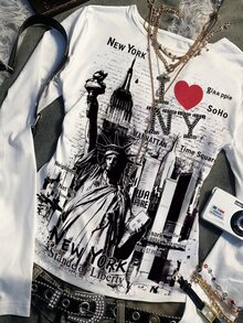 IslaSuriya Women's 2000s New York Pattern T-Shirt, Casual Street Style, Slim Fit, Retro Pattern Crew Neck Top, Back To School - Multicolor - View 3