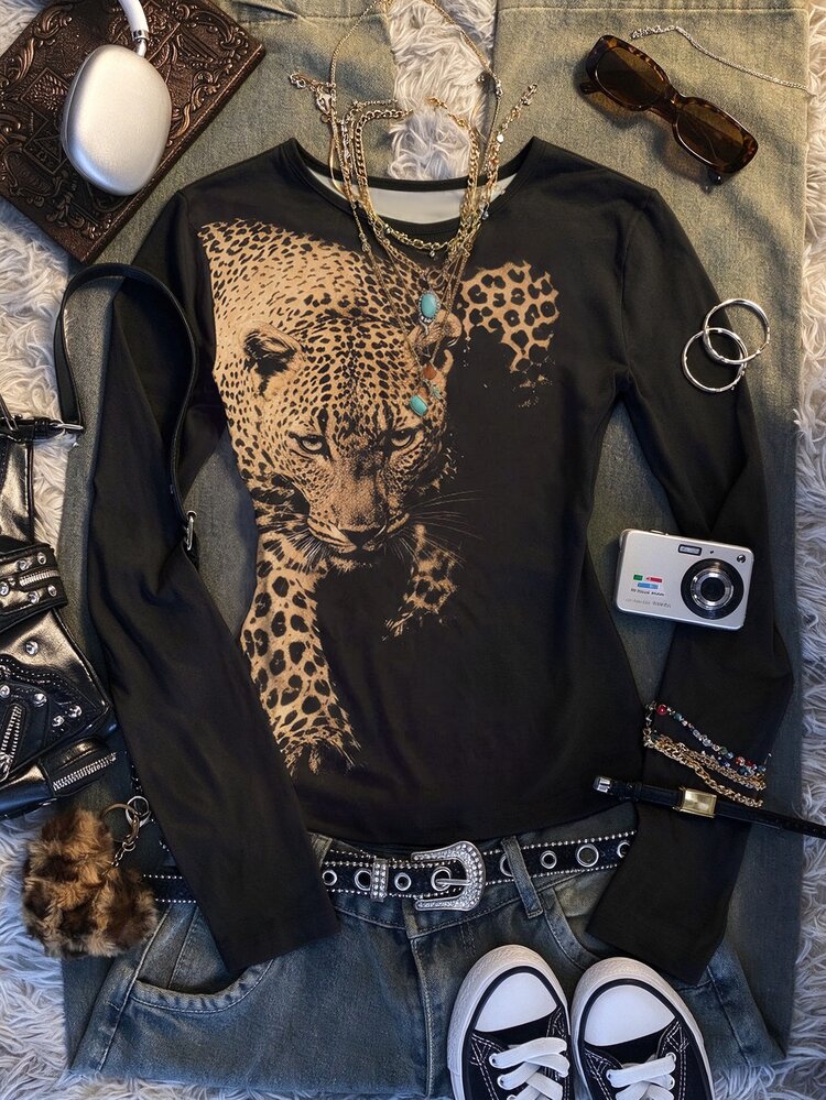 IslaSuriya Women's Leopard Print Crew Neck Slim Fit T-Shirt, Long Sleeve Y2K Aesthetic Top, Grunge Rock, Retro Street Style. - Multicolor - View 1