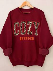 EMERY ROSE Plus Size A Comfortable Leopard Print Round-Neck Sweatshirt For Women And A Loose Letter-Printed Pullover Sweatshirt Winter - Red - View 1