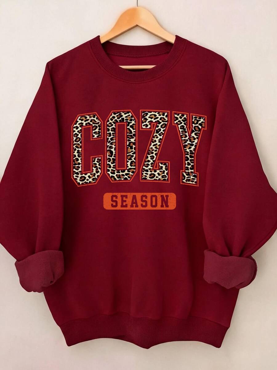 EMERY ROSE Plus Size A Comfortable Leopard Print Round-Neck Sweatshirt For Women And A Loose Letter-Printed Pullover Sweatshirt Winter - Red - View 1