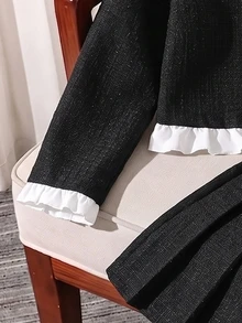 SHEIN Tween女孩黑白優雅兩件套，紋理針織面料短款長袖圓領蕾絲飾邊開襟衫，搭配百褶裙，學院風，適合聖誕節、萬聖節、學校、秋冬必備、舞會、派對、新年派對、婚禮 - 黑色 - 查看 4