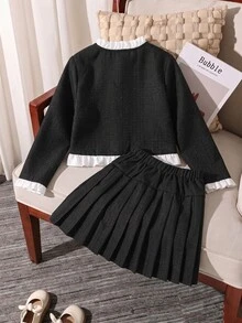 SHEIN Tween女孩黑白優雅兩件套，紋理針織面料短款長袖圓領蕾絲飾邊開襟衫，搭配百褶裙，學院風，適合聖誕節、萬聖節、學校、秋冬必備、舞會、派對、新年派對、婚禮 - 黑色 - 查看 2