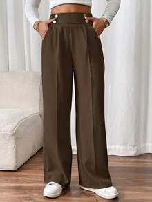SHEIN PETITE CURVE 大尺碼女款雙扣直筒優雅個性商務休閒通勤長褲 秋季辦公室早午餐正式款 巧克力棕色 - 摩卡棕 - 查看 4