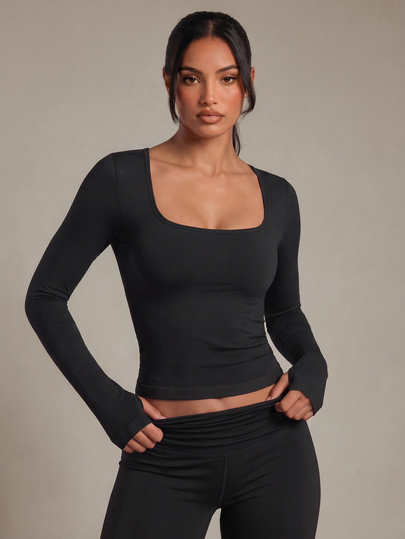 Costa Lumi Seamless Knit Long Sleeve Thumbhole Square Neck Sports T-Shirt Tank Top Gym Black Autumn Modest Athleisure