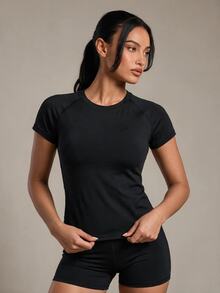 Costa Lumi Women's Simple Versatile Round Neck Short Sleeve Casual Athleisure Sports T-Shirt Gym Black Summer - Midnight Black - View 2