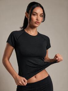 Costa Lumi Women's Simple Versatile Round Neck Short Sleeve Casual Athleisure Sports T-Shirt Gym Black Summer - Midnight Black - View 1